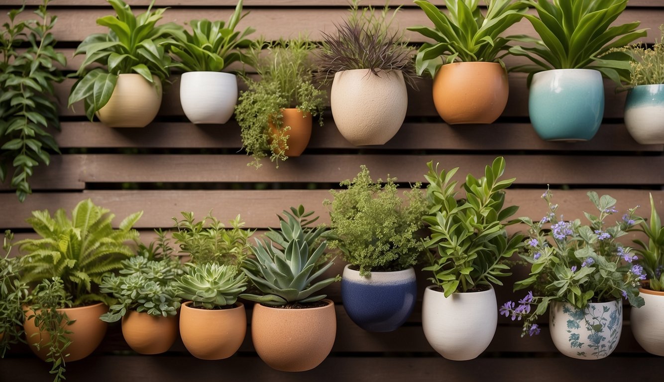 Several ceramic wall planters hang on a sunny outdoor wall in Australia, each filled with vibrant greenery and flowers