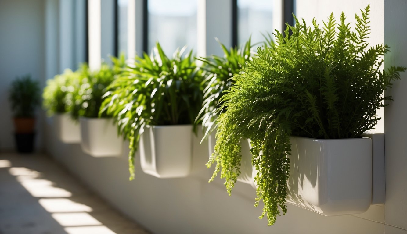 Ceramic wall planters hang on a white wall, displaying various green plants. The sunlight streams in, casting shadows on the textured surface