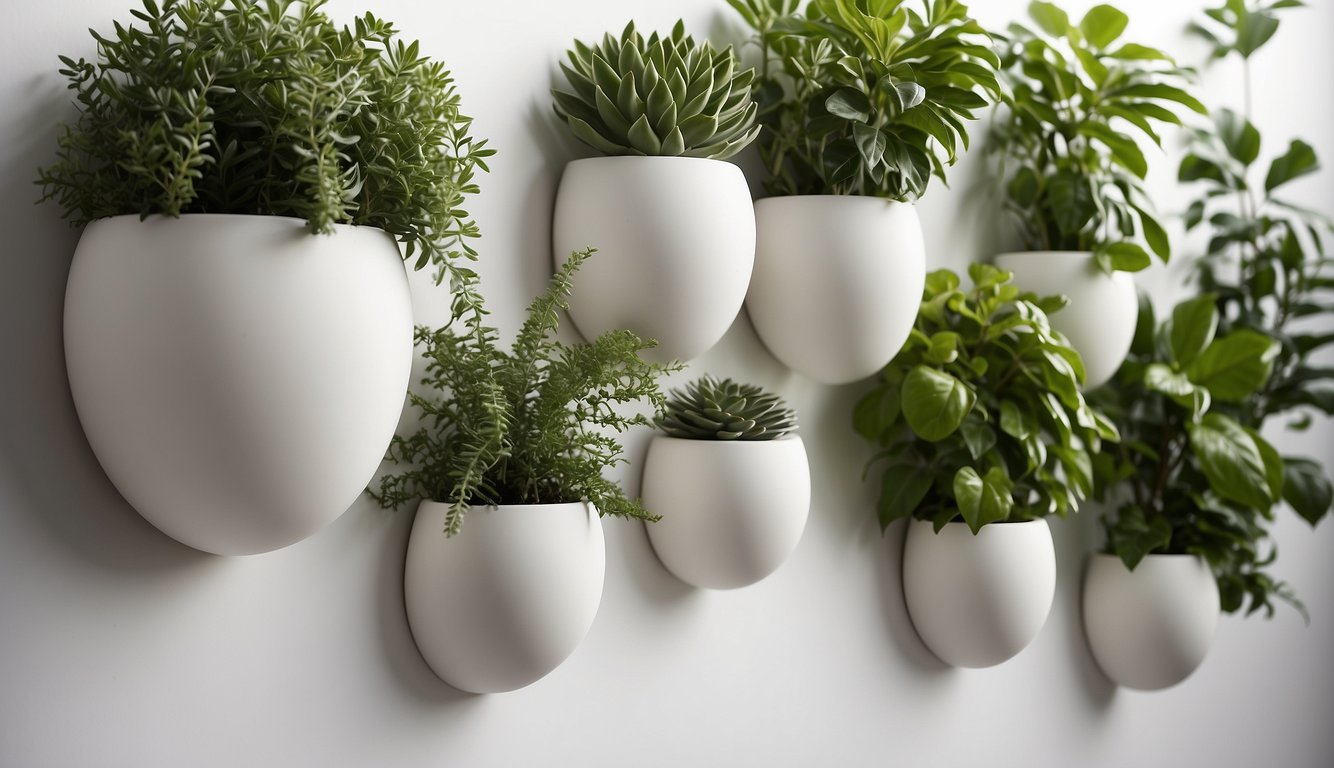 A row of sleek, modern ceramic wall planters hang against a white backdrop, showcasing a variety of lush greenery. The planters feature clean lines and a minimalist aesthetic, adding a touch of natural beauty to the space