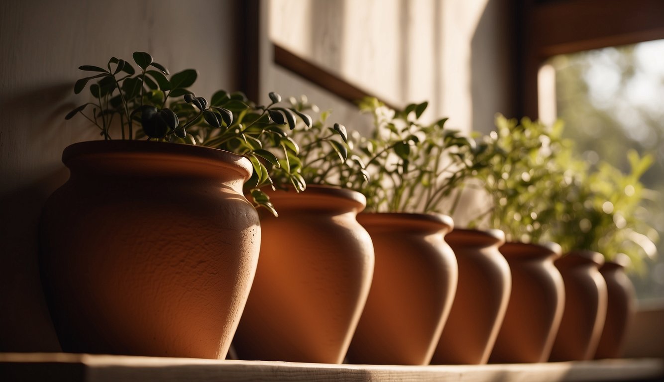 Several clay pots arranged on a wooden shelf, with sunlight streaming in through a nearby window, casting shadows on the textured surface