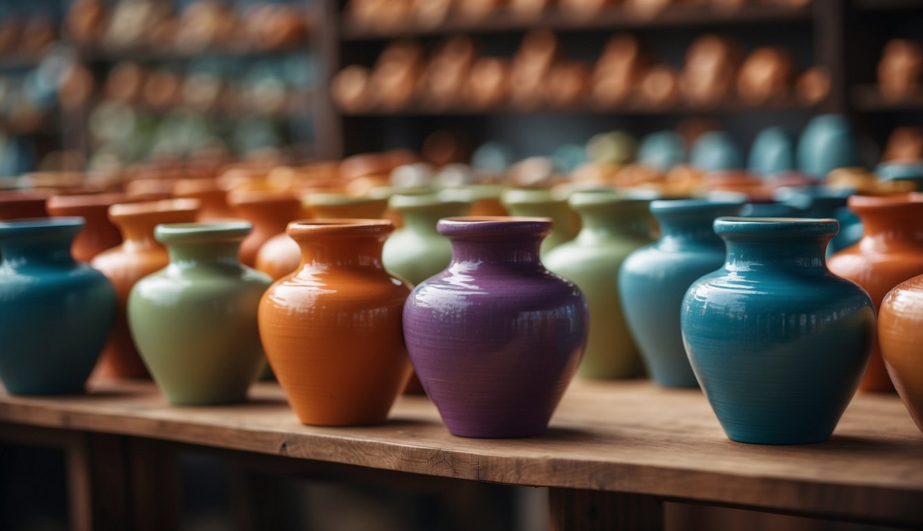 Clay pots being decorated with colorful glaze