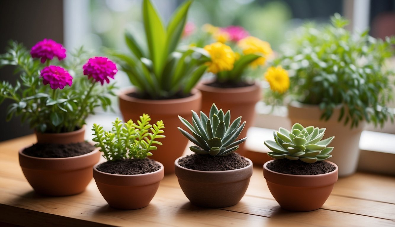 Clay pots arranged on a wooden table, filled with vibrant green plants and colorful flowers, adding a touch of natural beauty to the scene