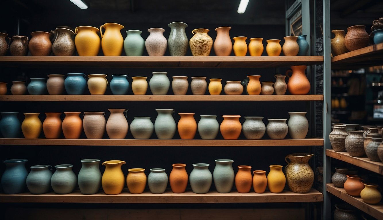 Various pots of different sizes and colors displayed on shelves in a local market