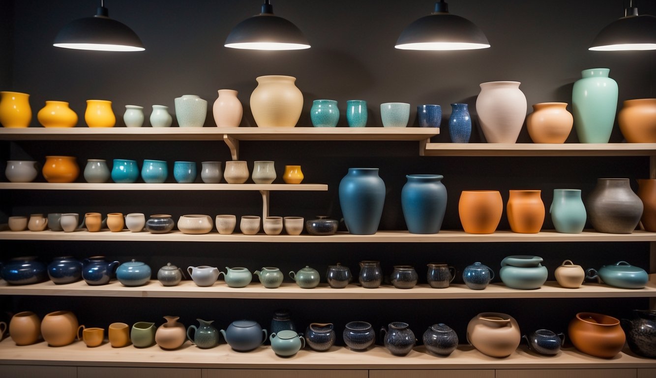 Various pots of different shapes, sizes, and colors are displayed on shelves and tables in a cozy, well-lit store. The pots are arranged neatly, with price tags attached, inviting customers to browse and find the perfect one