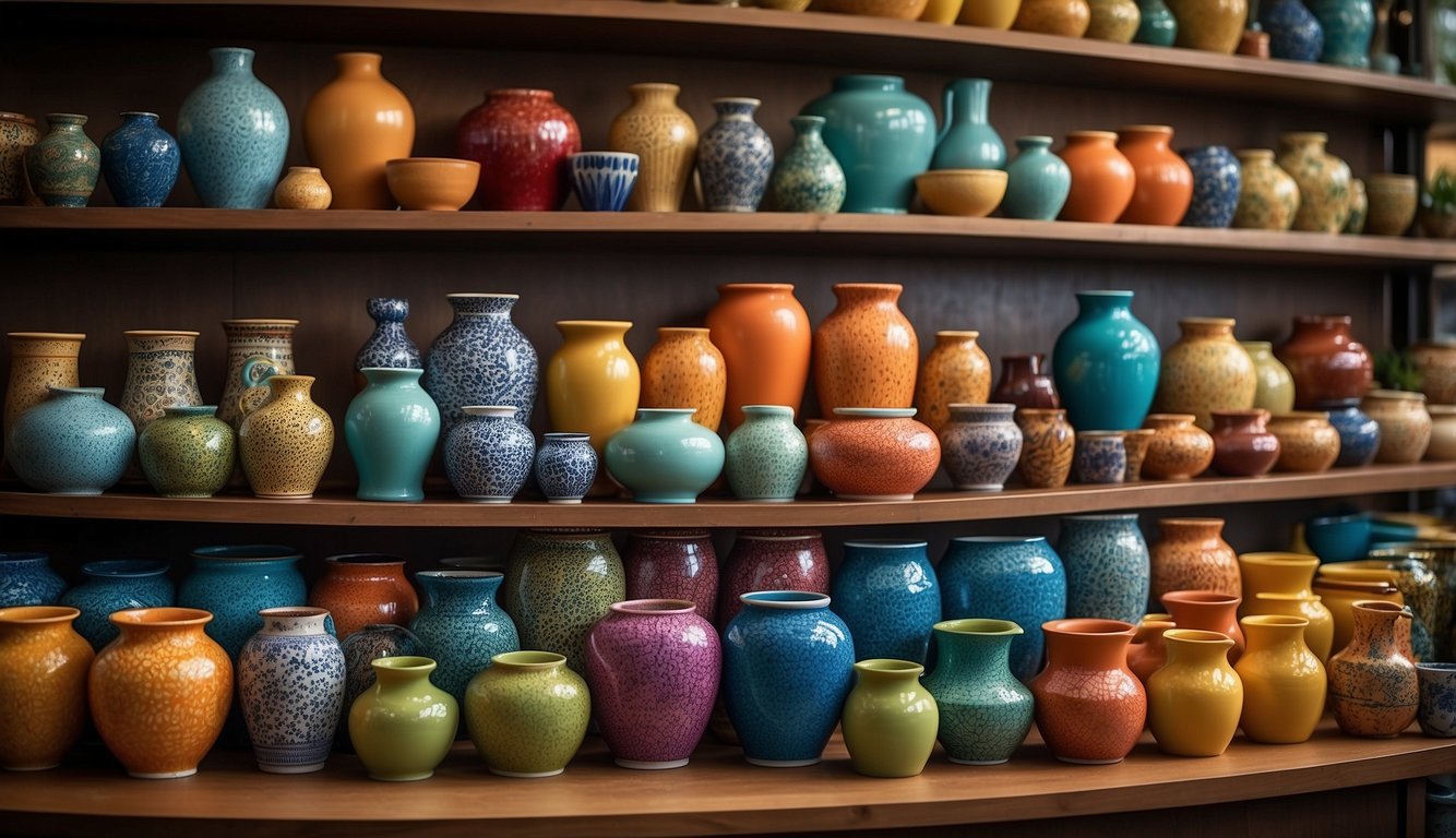 A colorful array of pots is displayed on shelves and tables, with vibrant patterns and various sizes, creating an inviting atmosphere for shoppers
