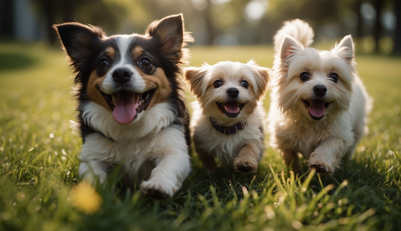 Several small dog breeds play in a grassy park, chasing each other and wagging their tails happily