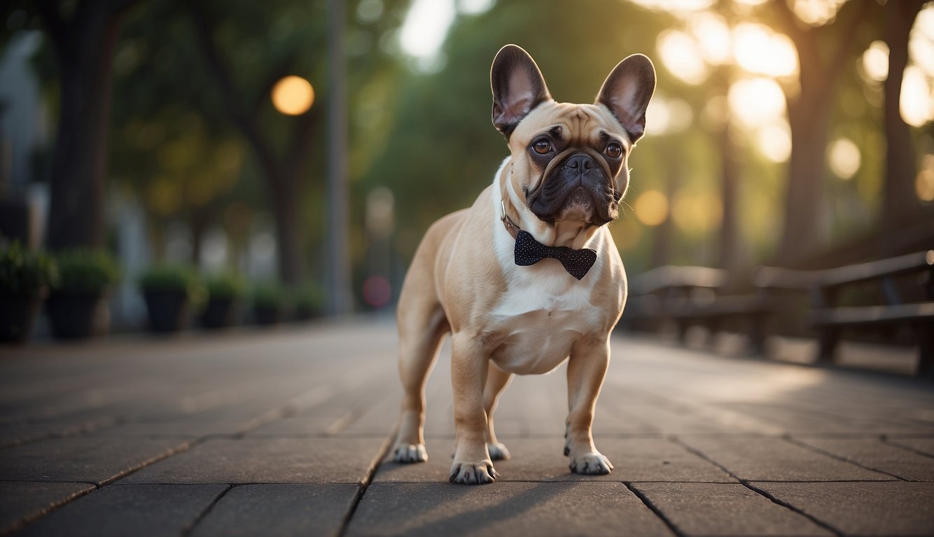 A French Bulldog stands alert, with a sturdy build, bat-like ears, and a short, smooth coat