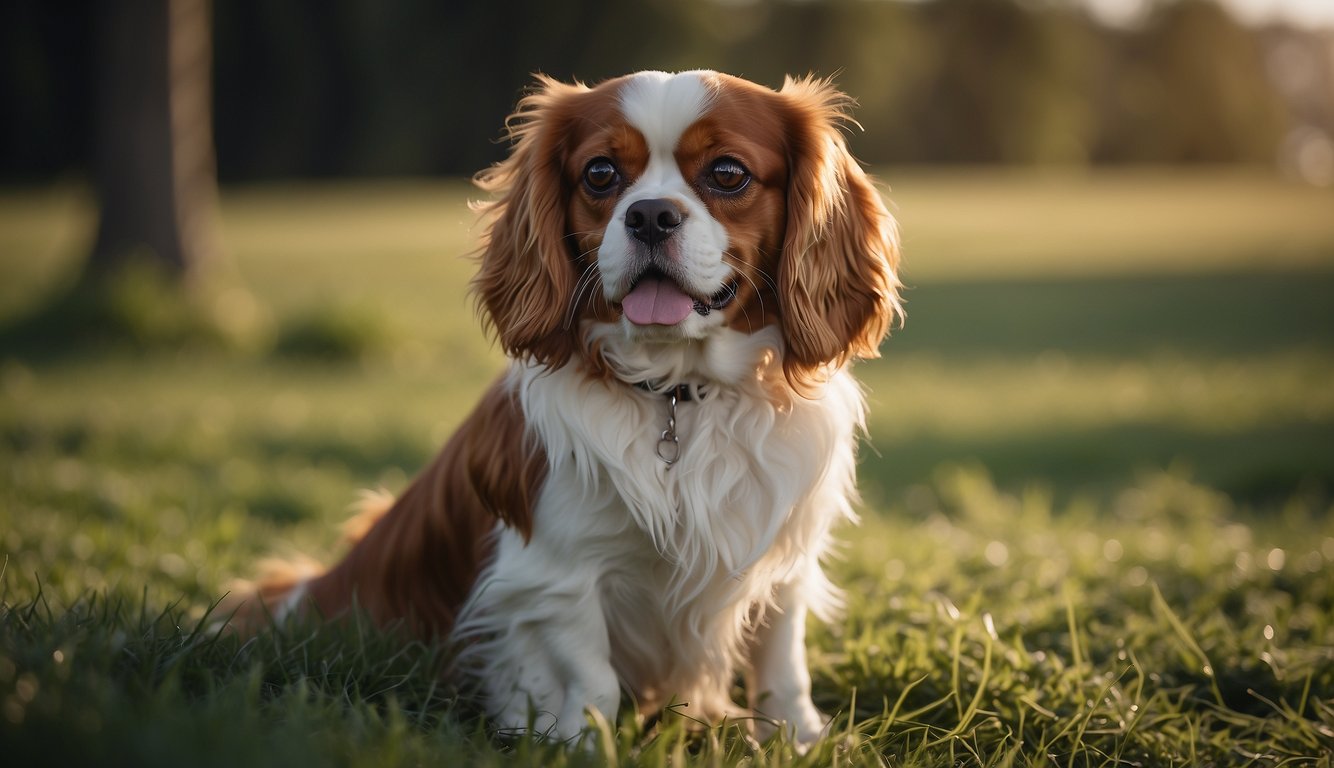 A Cavalier King Charles Spaniel sits on a grassy field, ears perked, tail wagging, and a gentle expression on its face