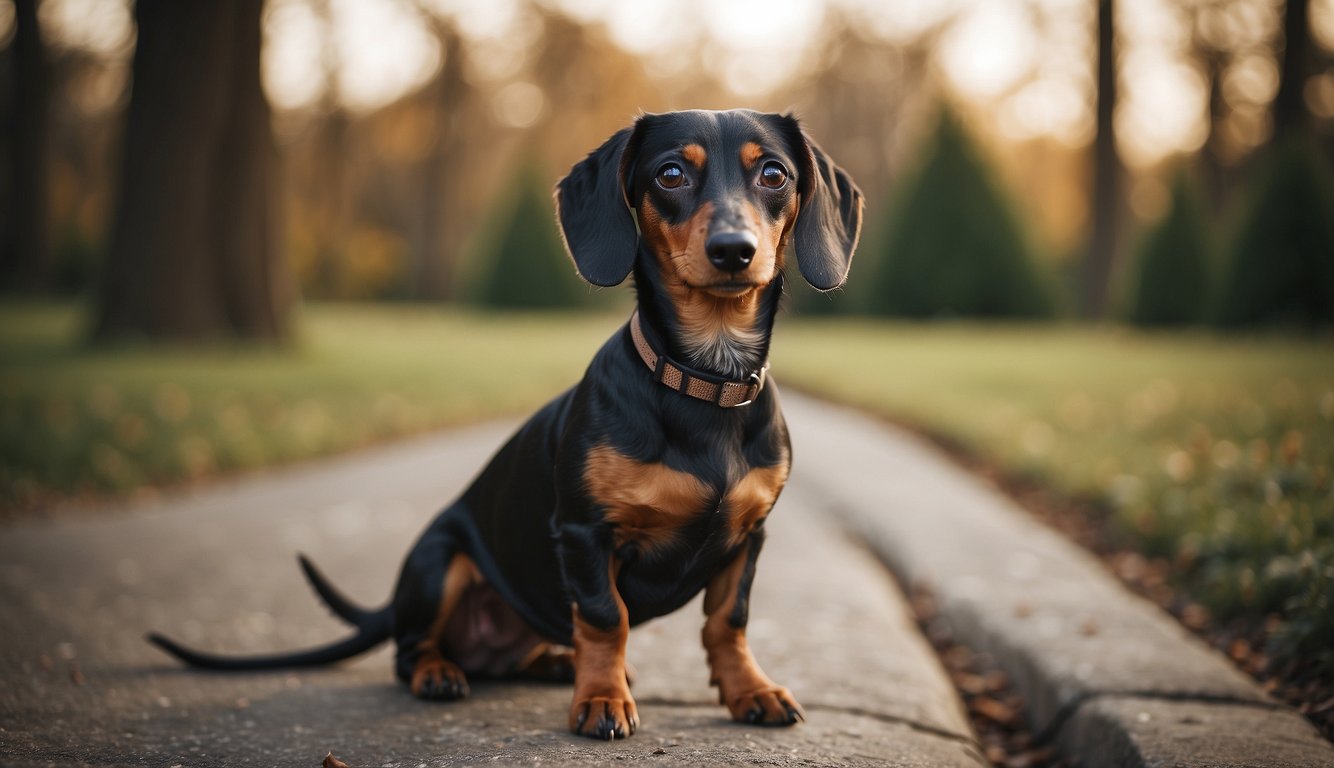 A dachshund stands alert, with a long body and short legs. Its ears perk up as it gazes ahead