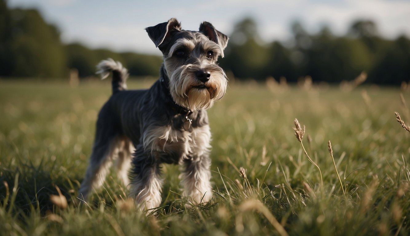 A Miniature Schnauzer stands alert in a grassy field, its wiry coat blowing in the wind. Its ears are perked up and its dark eyes are focused intently on something in the distance