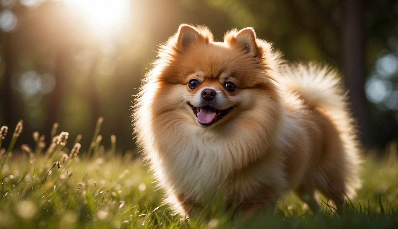 A Pomeranian dog prances in a grassy field, its fluffy fur catching the sunlight. Its small, alert eyes and perky ears give it a lively, playful appearance