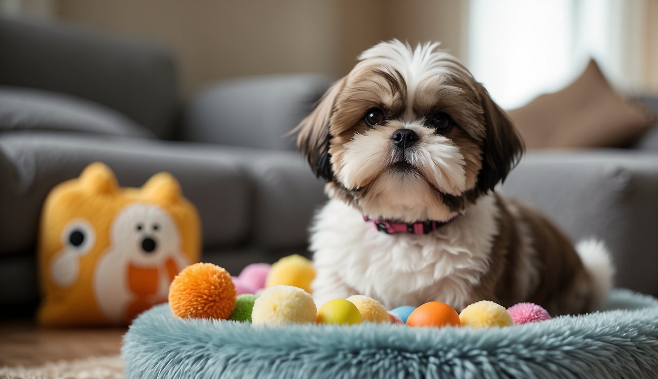 A Shih Tzu small dog sits on a fluffy cushion, surrounded by toys and a bowl of water