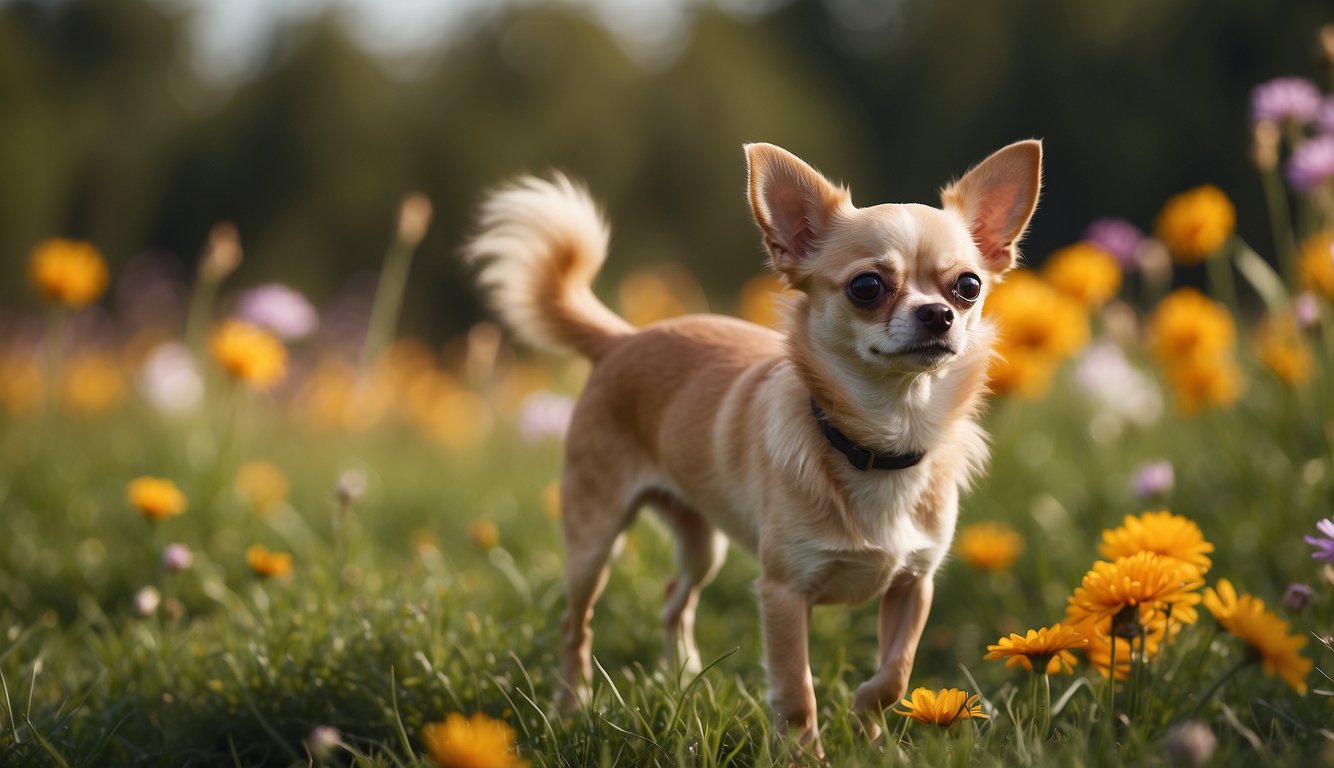 A Chihuahua stands on its hind legs, ears perked, tail wagging, in a grassy meadow with colorful flowers in the background