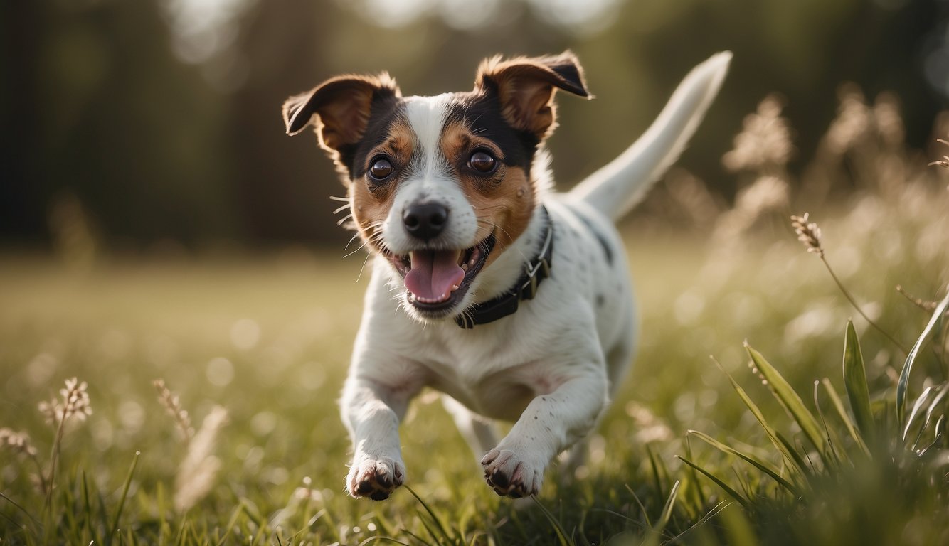 A small Jack Russell Terrier dog runs through a grassy field with its tongue out and ears flapping in the wind