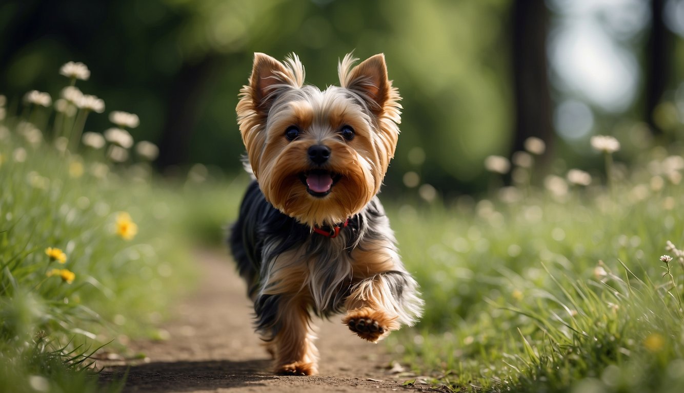 A Yorkshire Terrier trots through a lush green park, its long, silky fur swaying in the breeze. Its small, alert eyes scan the surroundings as it explores the vibrant landscape