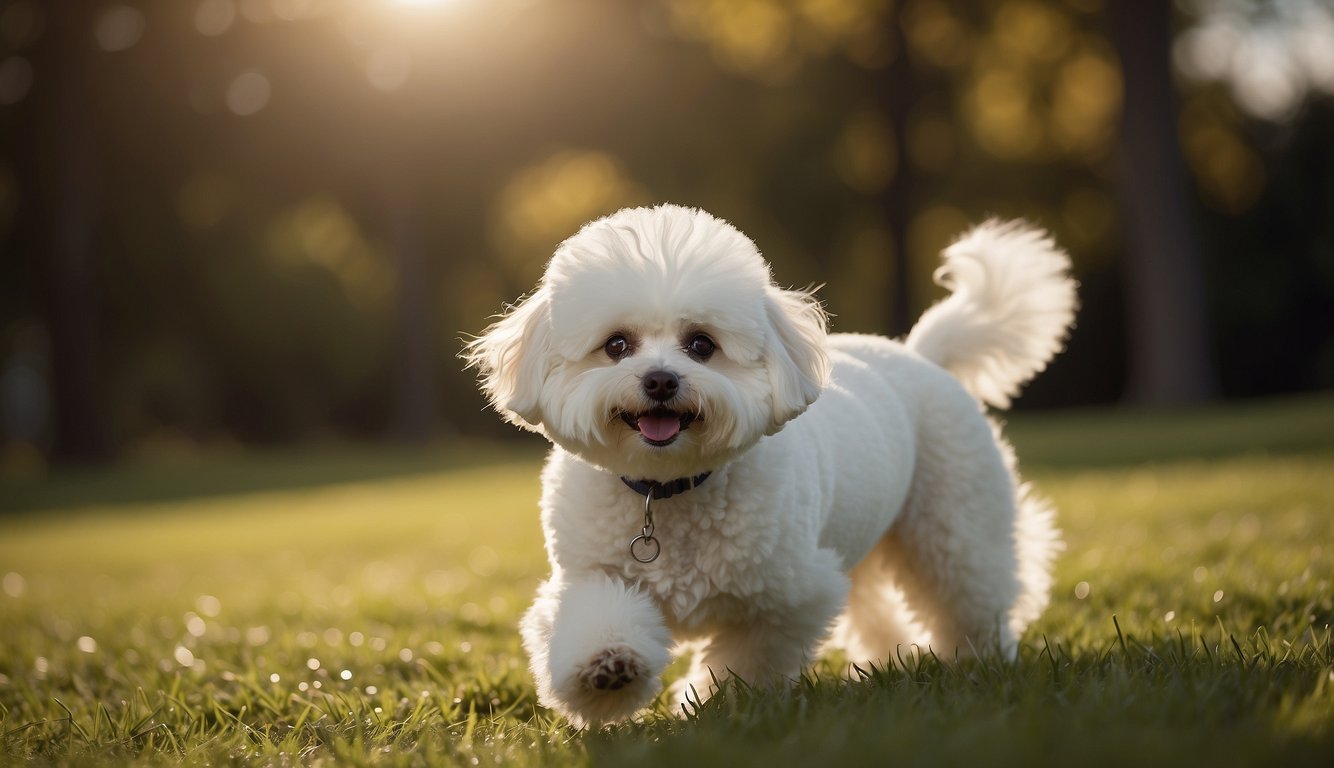 A Bichon Frise dog stands on a grassy field, its fluffy white coat catching the sunlight. Its tail is wagging as it looks up with bright, curious eyes