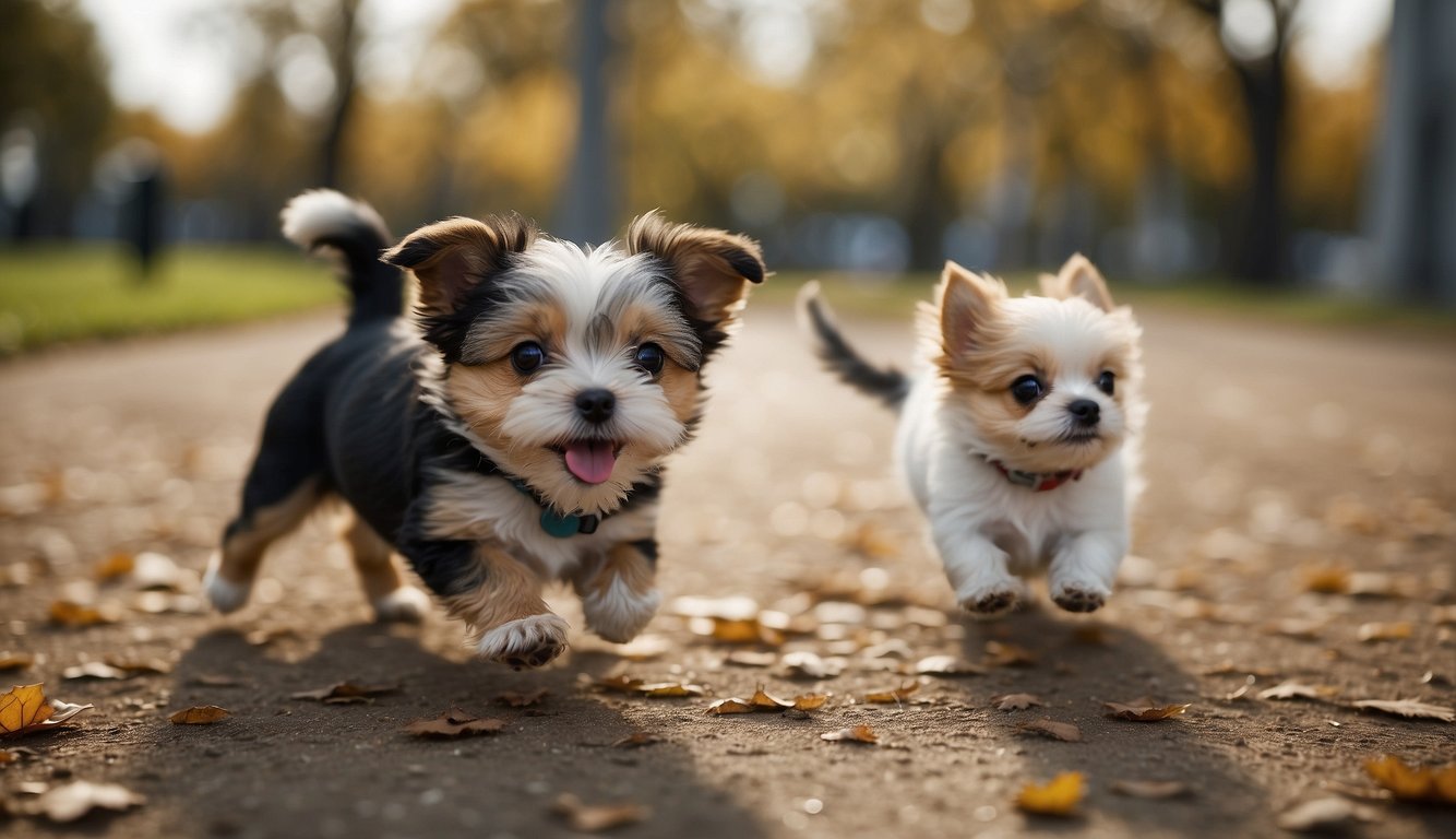 Small dogs play in a park, exhibiting common traits such as high energy, curiosity, and affection towards their owners