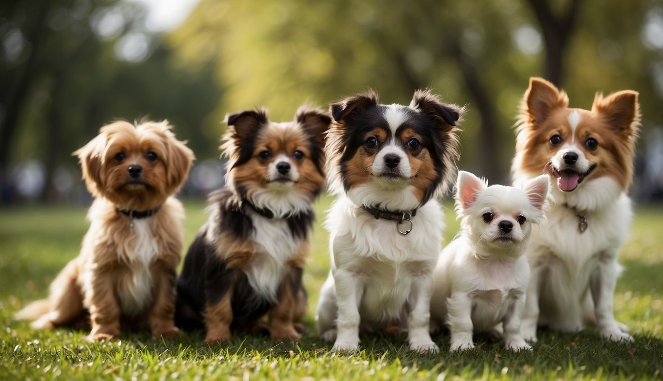 A variety of small dog breeds are gathered in a park, each displaying unique characteristics and personalities. Prospective owners observe and interact with the dogs, considering which one would be the best fit for their lifestyle