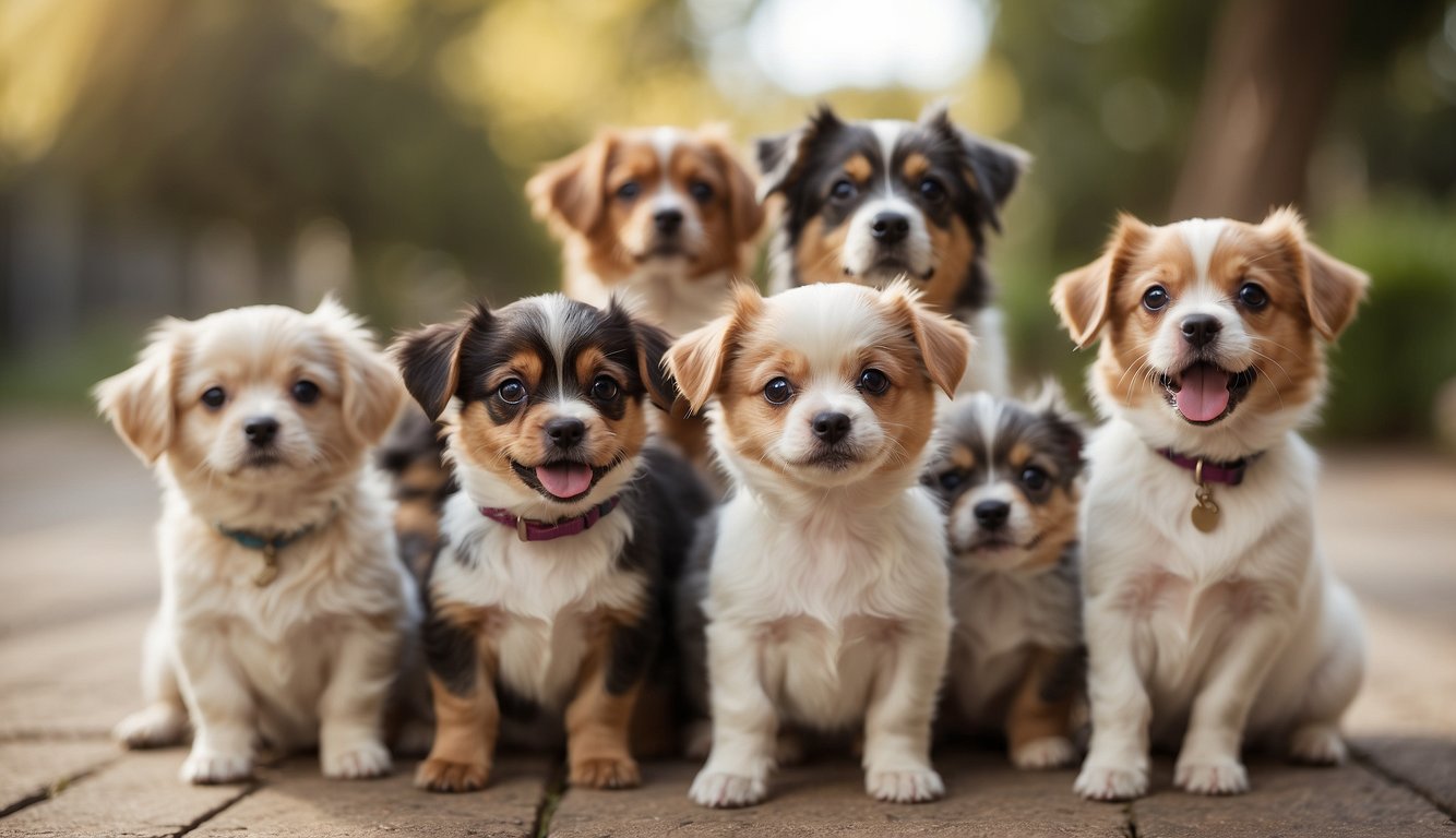 A group of tiny dogs gather around a sign that reads "Frequently Asked Questions small dog breeds." They look curious and attentive, with wagging tails and perked ears