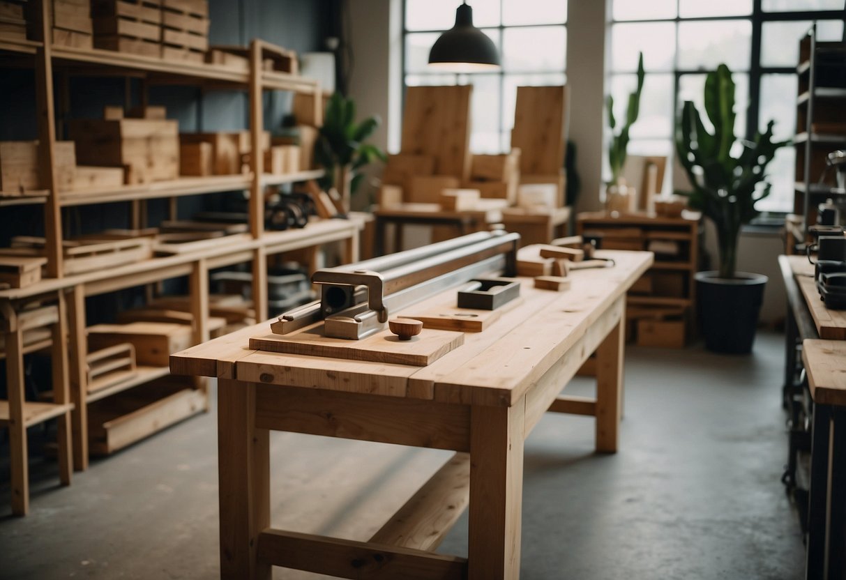 A workshop with eco-friendly materials and tools for crafting sustainable furniture brands