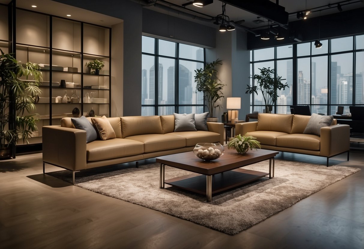 A spacious Tai Seng furniture showroom with modern displays and natural lighting