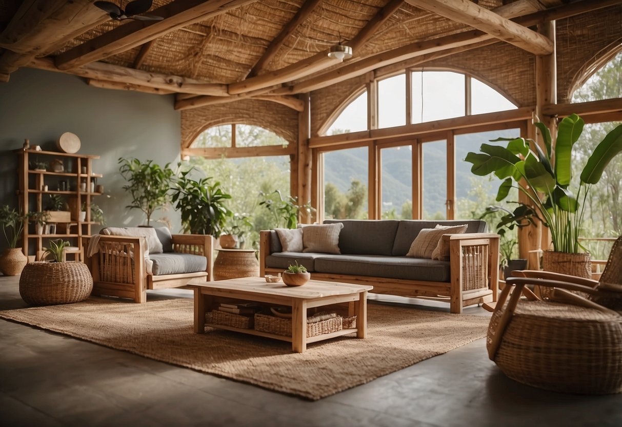 A room with eco-friendly furniture made from reclaimed wood, bamboo, and recycled materials. Energy-efficient lighting and natural textiles complete the sustainable design