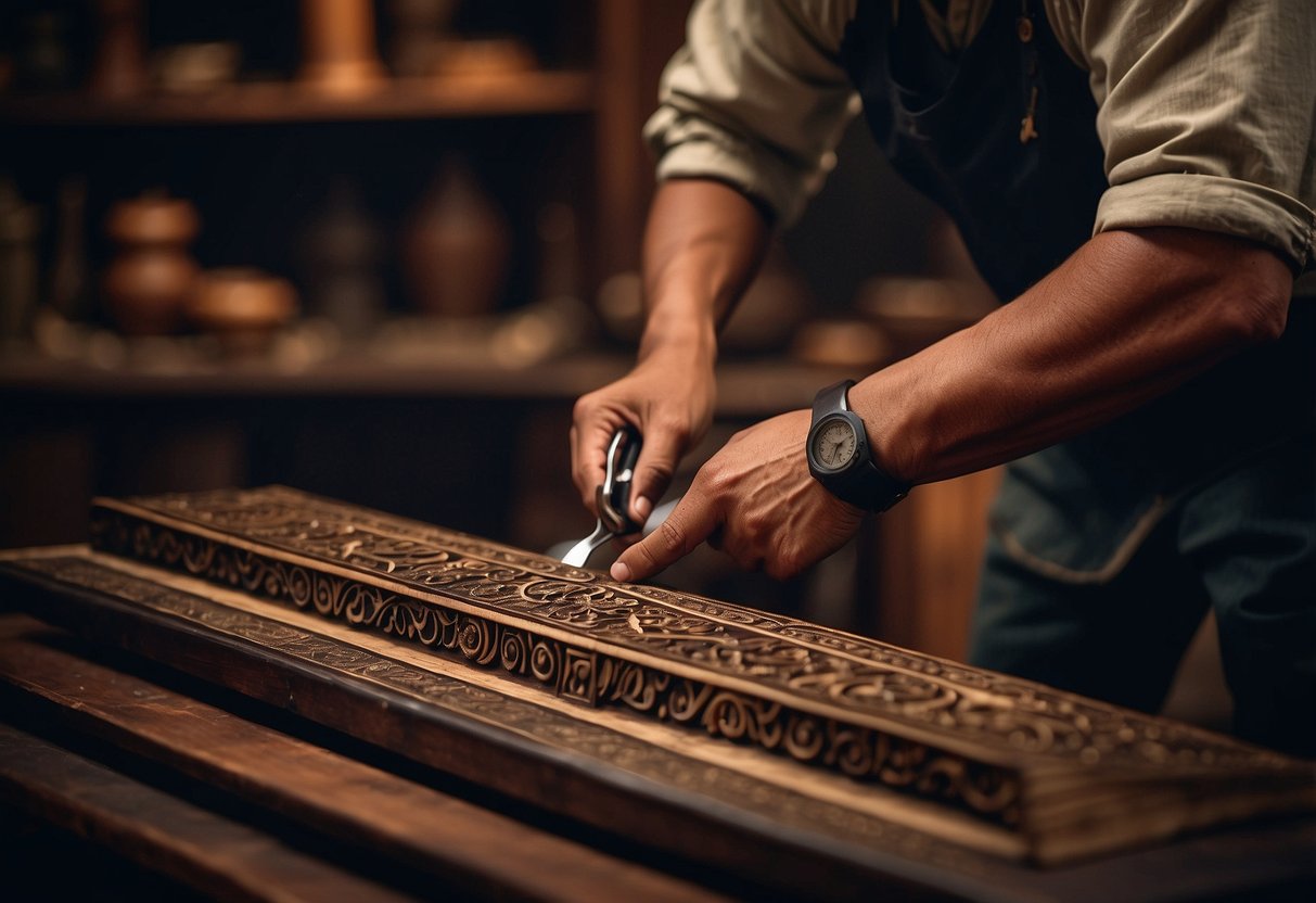 A craftsman in colonial India carves intricate designs into dark, polished wood, creating the iconic Bombay Blackwood furniture