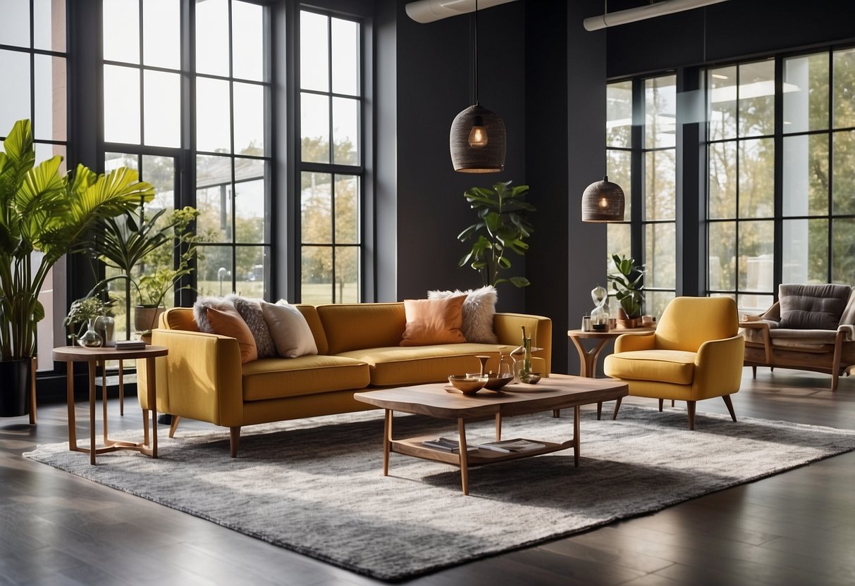 The showroom is filled with modern furniture displays. Natural light streams in through large windows, illuminating the sleek designs and vibrant colors