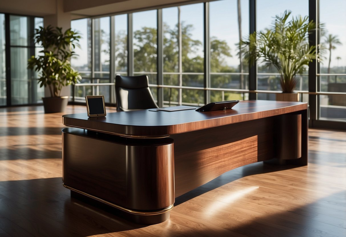 A sleek, polished desk made of bombay blackwood stands in a sunlit room, showcasing exquisite craftsmanship and elegant design
