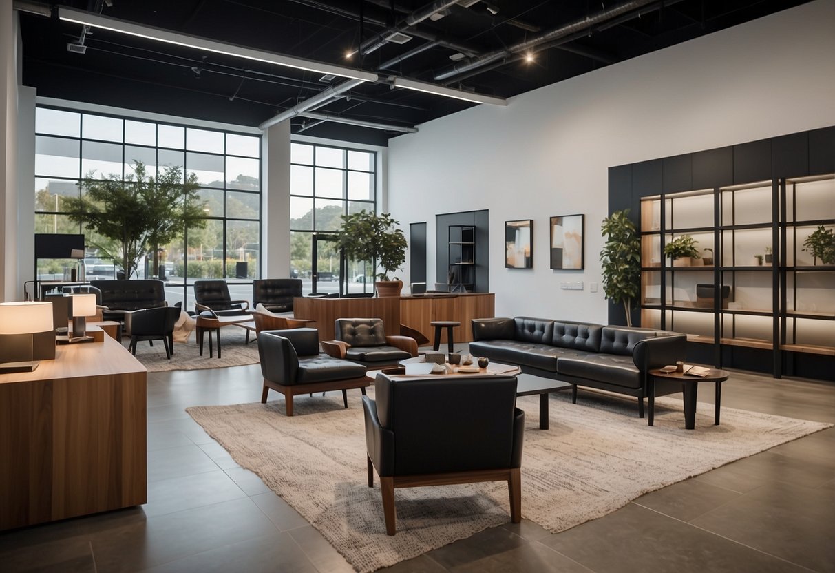 A sleek, modern showroom with rows of blackwood furniture. Customers browse, while a helpful salesperson answers questions