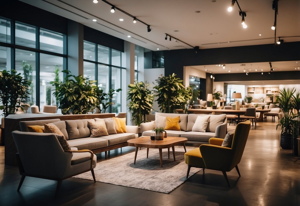 A spacious showroom filled with modern furniture displays under bright lighting, creating a welcoming and comfortable shopping environment