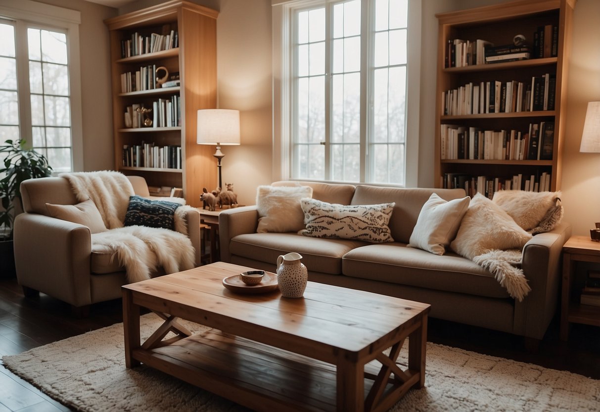 A cozy living room with a plush sofa, a wooden coffee table, and a bookshelf filled with books and decorative items. A soft rug and a floor lamp complete the scene