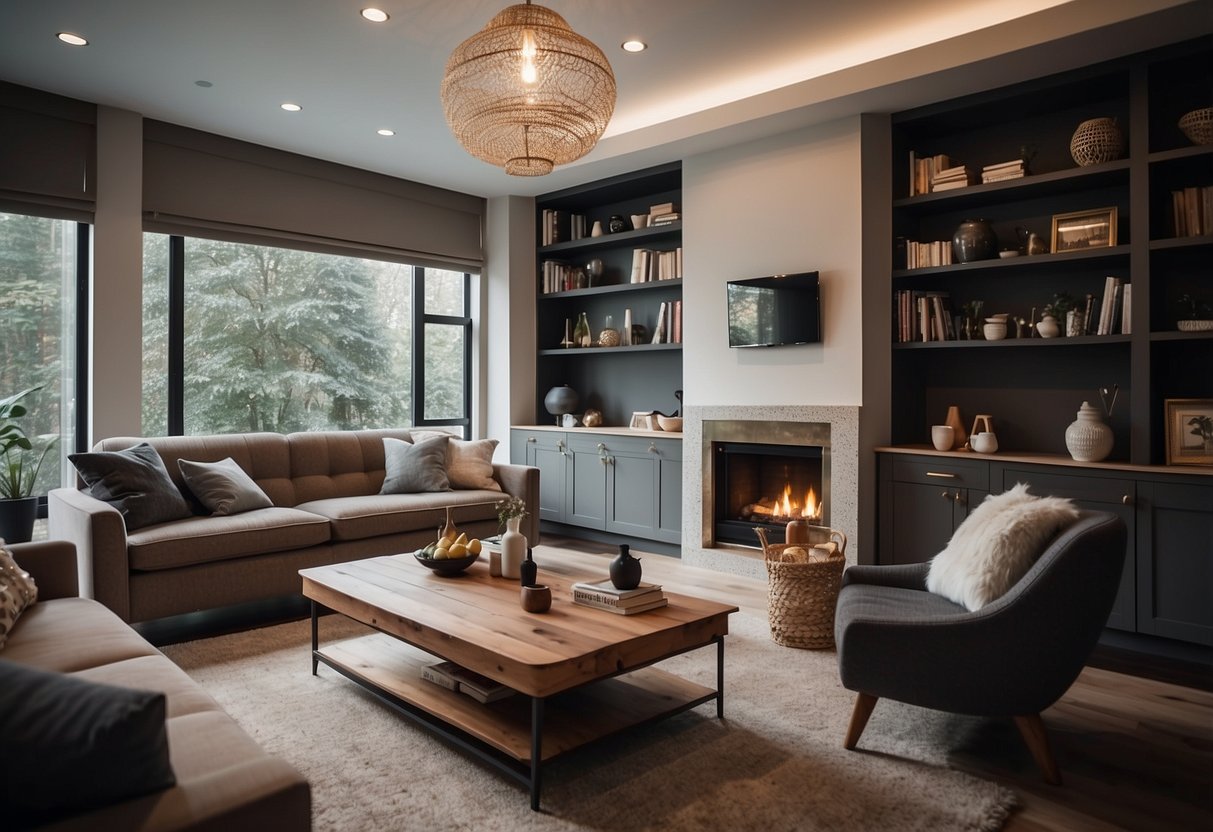 A living room with a variety of furniture - sofa, chairs, tables, and shelves - arranged in a cozy and inviting layout