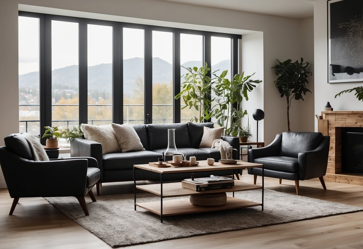 A modern living room with a sleek gray sofa, a wooden coffee table, and a black leather armchair. A shelf displays various home decor items, and a large window lets in natural light