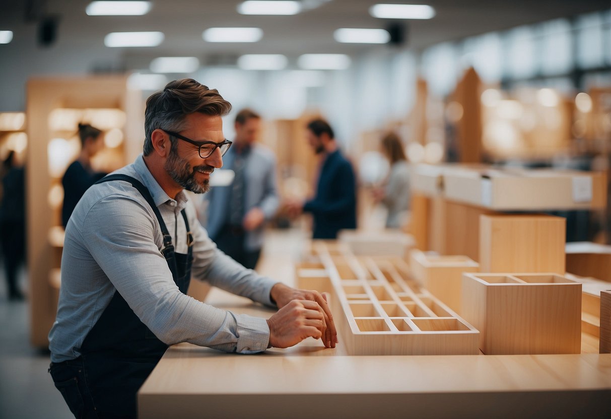 A person selecting furniture legs from a variety of options in a well-lit showroom