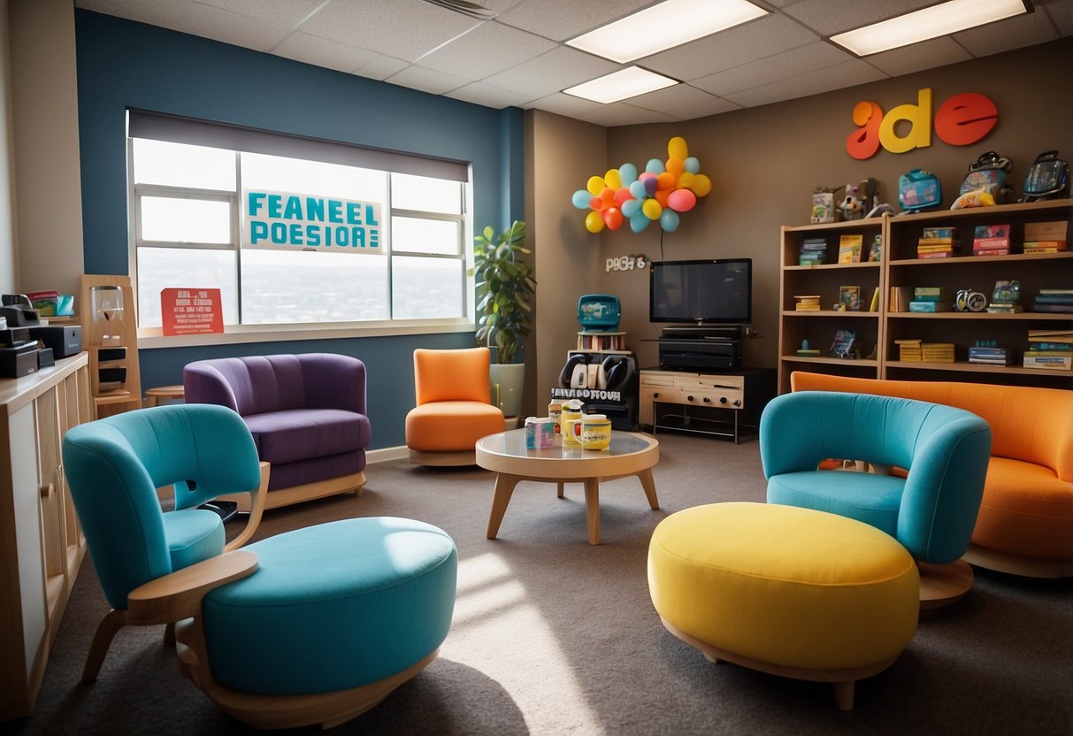 A room with a colorful array of furniture, including chairs, tables, and shelves, with a "Frequently Asked Questions" sign above a jiji mascot