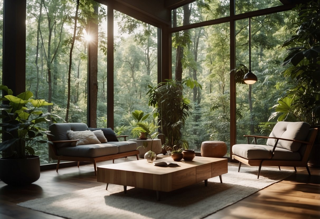 A lush forest with modern, eco-friendly furniture nestled among the trees, showcasing the harmony between nature and sustainable design