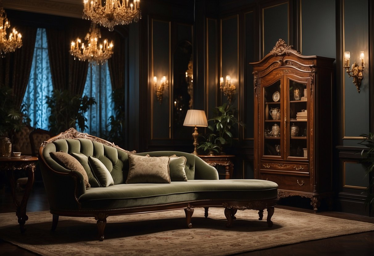 A dimly lit parlor, adorned with ornate Victorian furniture. A velvet chaise lounge, intricately carved side tables, and a grandiose armoire fill the space. Rich, dark wood and plush upholstery exude opulence