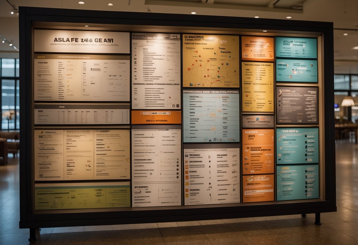 A large directory sign at a furniture mall, with colorful arrows pointing to different sections and a map of the store layout