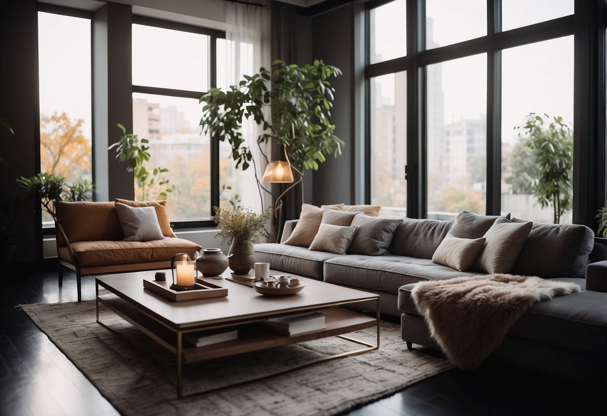 A cozy living room with a sleek Unicane furniture set, featuring a modern sofa, coffee table, and stylish decor