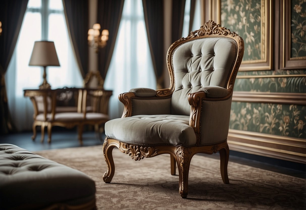 A grand Victorian chair with ornate carvings and plush upholstery sits in a lavishly decorated room with intricate wallpaper and a crystal chandelier