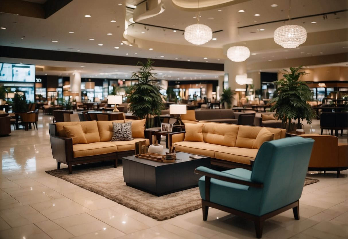 A large directory stands in the center of the furniture mall, showcasing the wide range of products available, including sofas, tables, and chairs