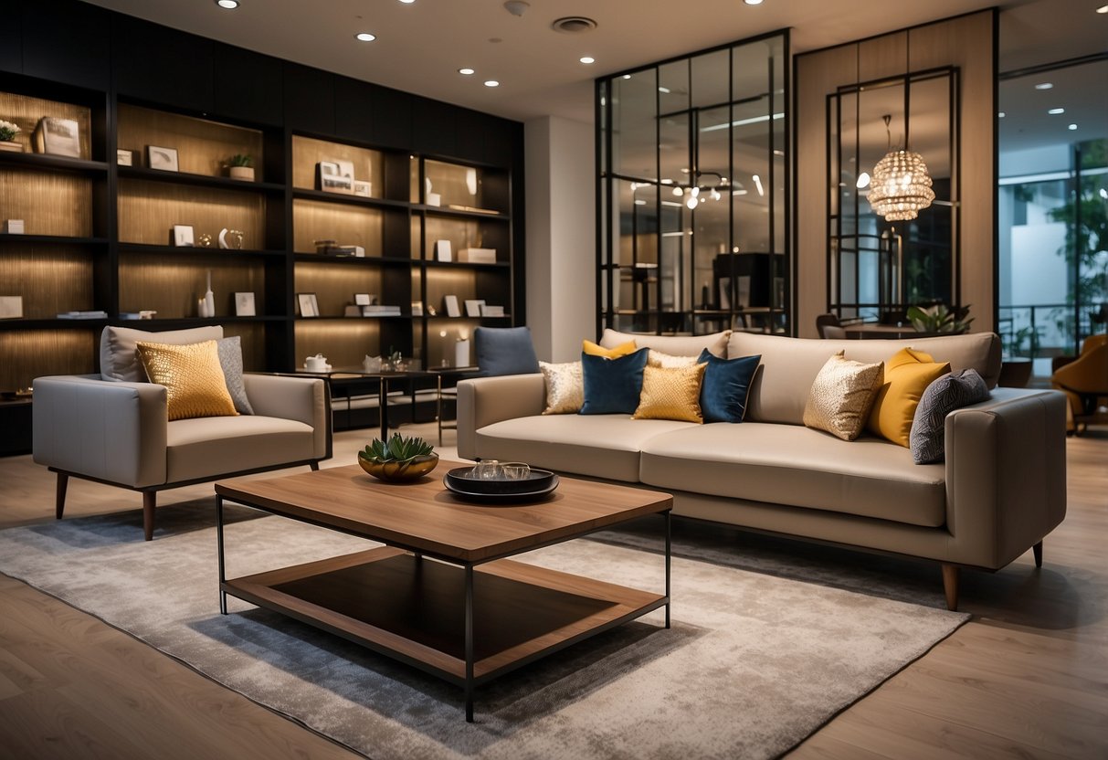 A spacious showroom displays Unicane's modern furniture collection in Singapore. Bright lighting highlights the elegant designs and quality craftsmanship