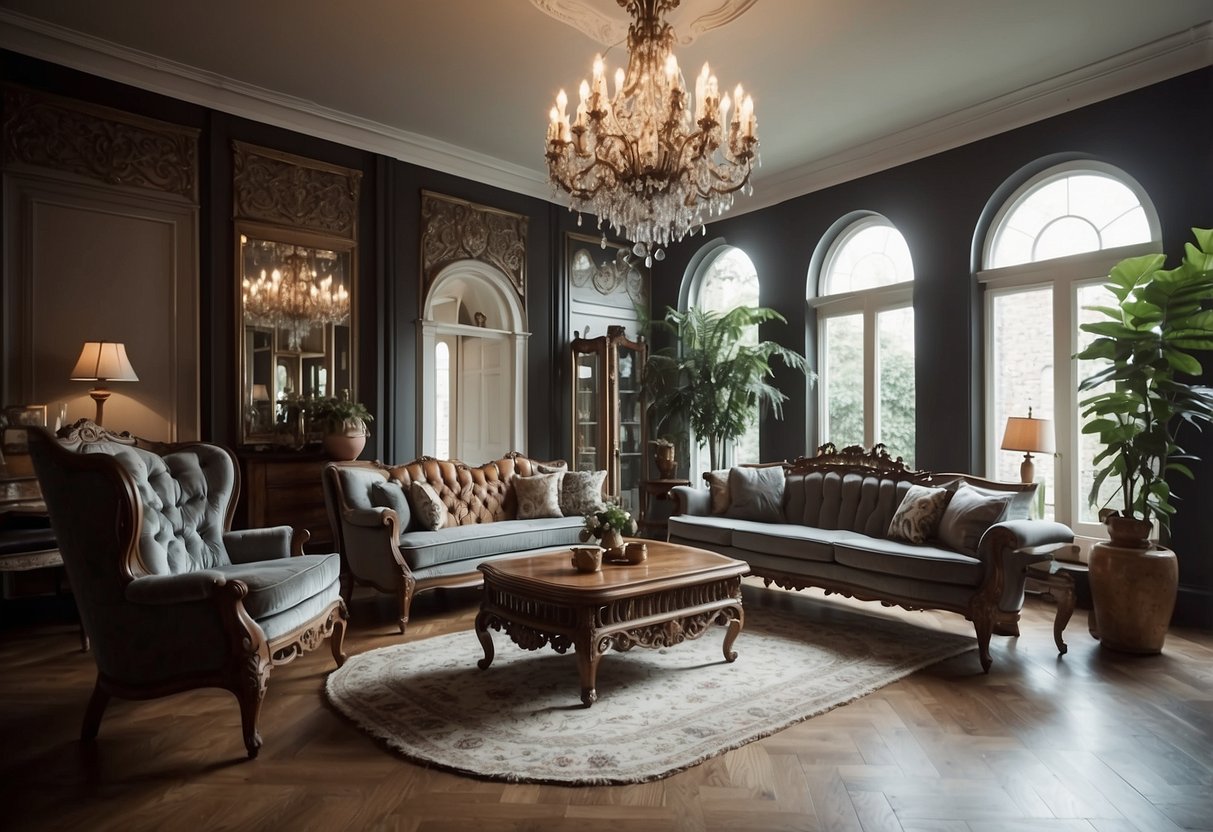 A modern living room with ornate Victorian furniture, including a plush sofa, intricately carved wooden chairs, and a decorative chandelier