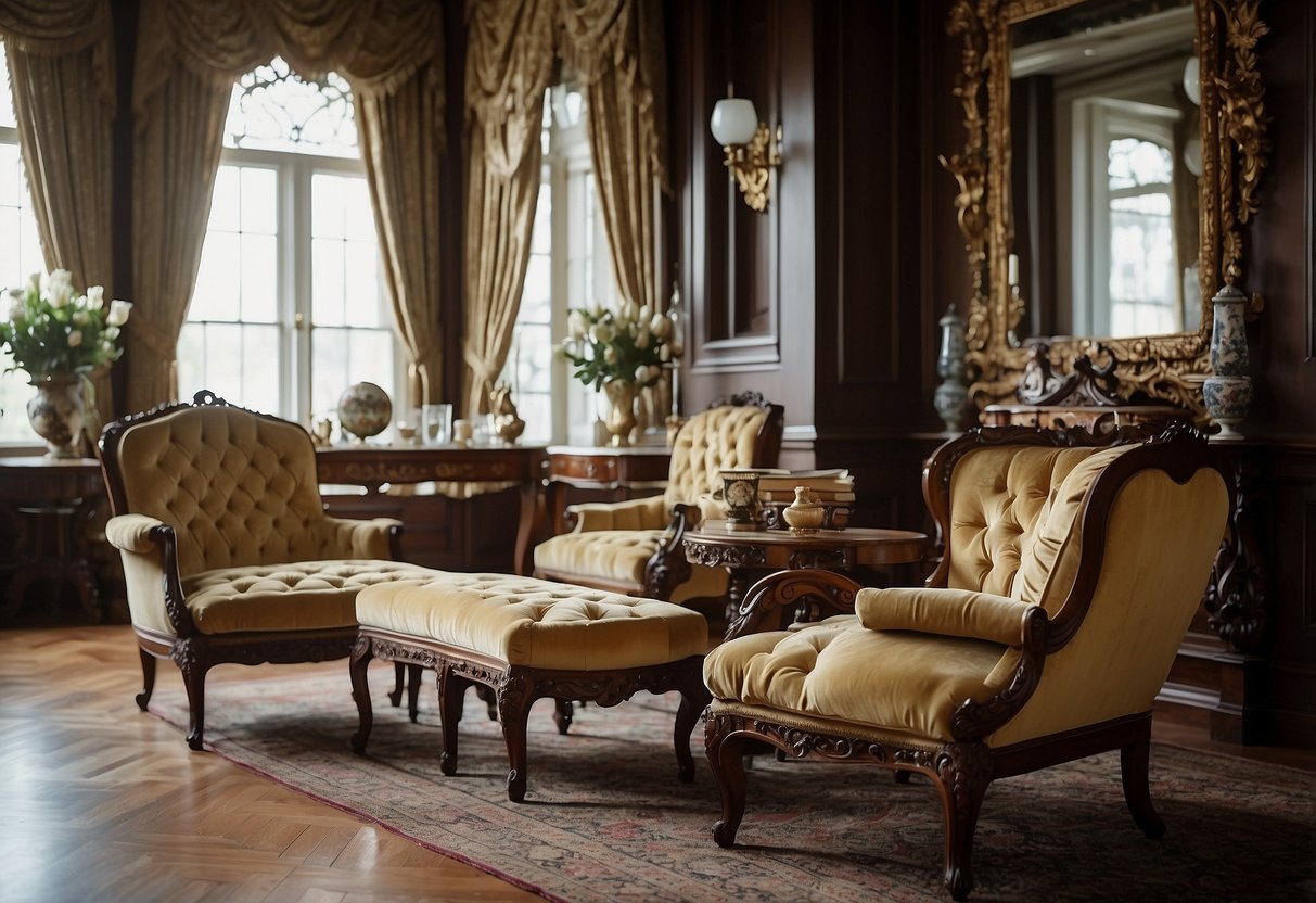 A grand Victorian parlor with ornate furniture, including a velvet chaise lounge, mahogany side tables, and intricately carved armchairs