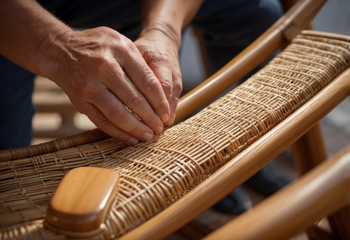 A person applies wood polish to a rattan chair, using a soft cloth to buff the surface to a shine. Nearby, a small brush is used to remove dust from the intricate woven patterns