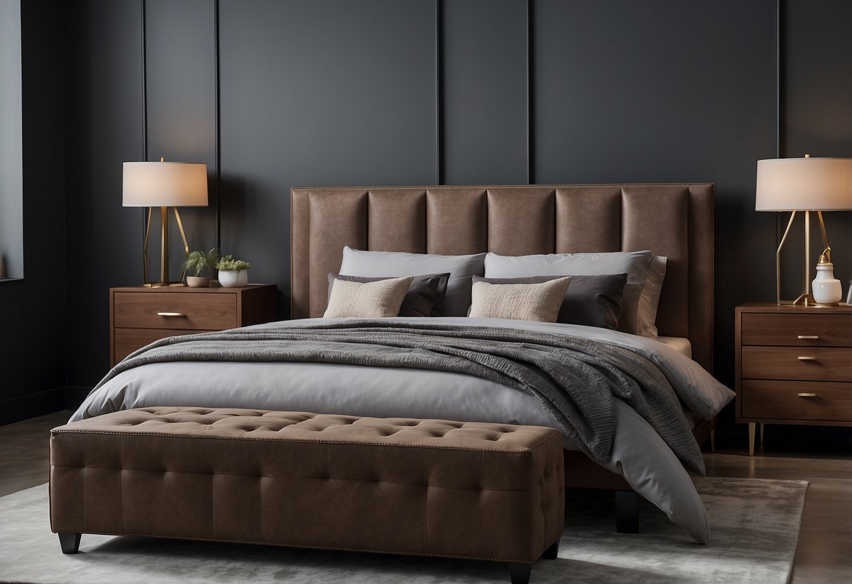 Brown bedroom furniture contrasts against grey walls. A bed, dresser, and nightstand fill the room