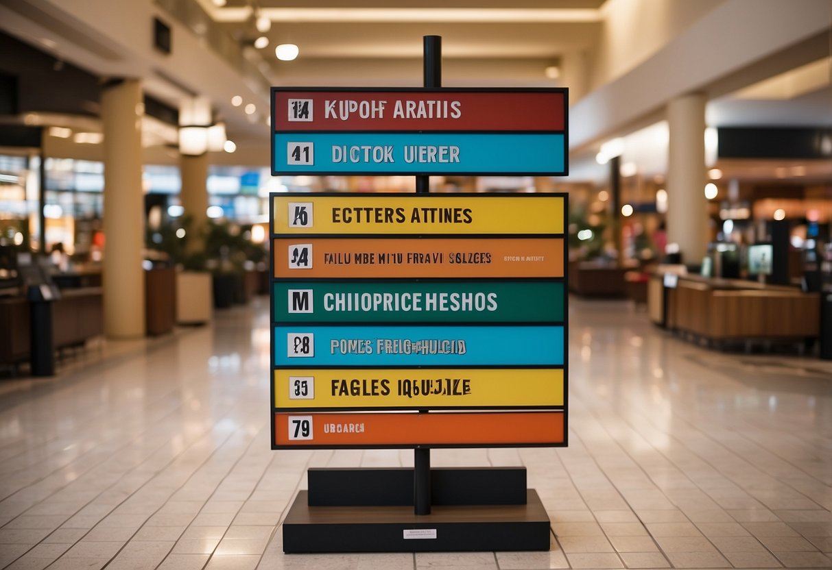 A colorful directory sign stands prominently in the center of the bustling furniture mall, with clear and easy-to-read labels for each section