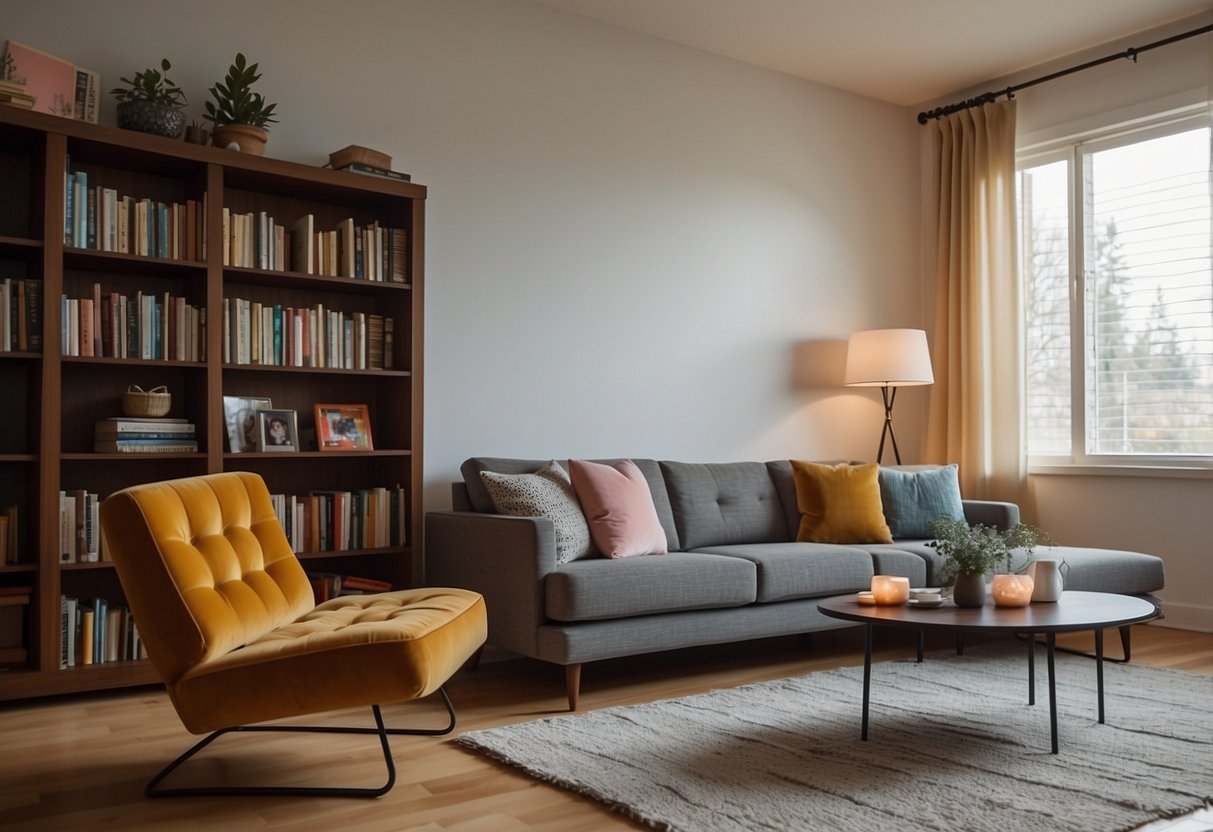 A cozy living room with a plush sofa, sleek coffee table, and a modern armchair. A bookshelf filled with colorful books and a stylish floor lamp complete the scene