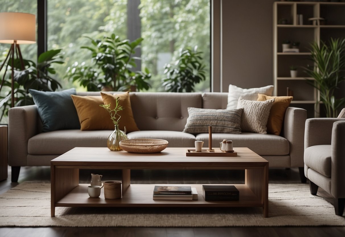 A cozy living room with a modern sofa and coffee table. A customer service representative answering questions about unicane furniture